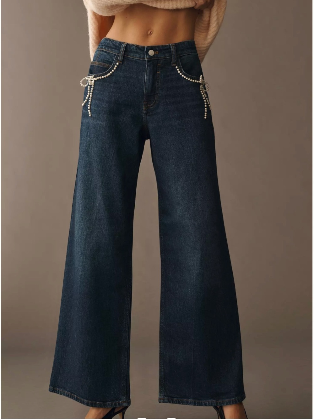 Anthropologie Pearl-Embellished Low-Rise Wide-Leg Jeans by Pilcro in Blue - Picture 2 of 5